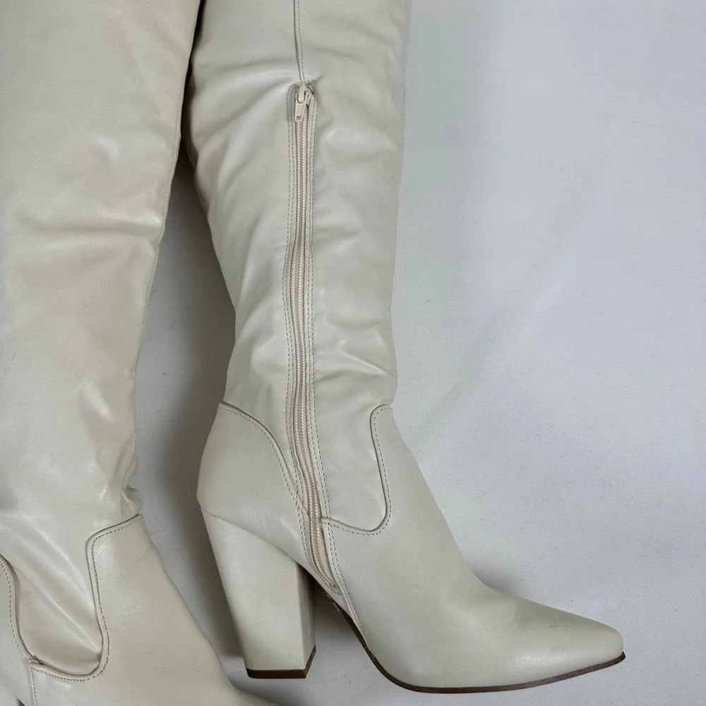 Cream leather knee high boots with block heel size 9